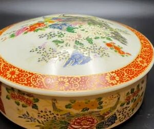 Satsuma 6” Hand Painted Peacock Trinket Box with Lid