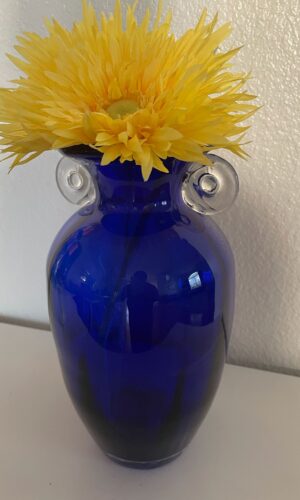 Tall Cobalt Blue Glass Vase with Matching Clear Scroll Handles and Clear Smooth Base