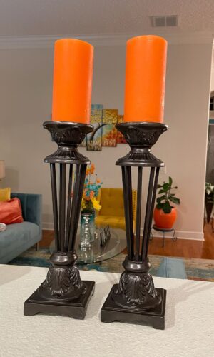 Burnished Amber Metal Candleholders: Set of 2