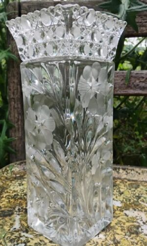 McKee Innovation 1916 Square Pressed Glass Floral Etched Vase