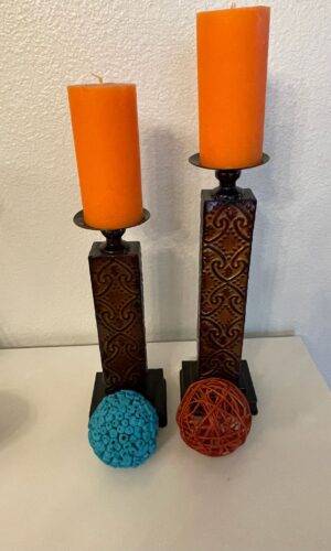 Tall Tin Brushed Brass Look Antique Design Candle Holders.